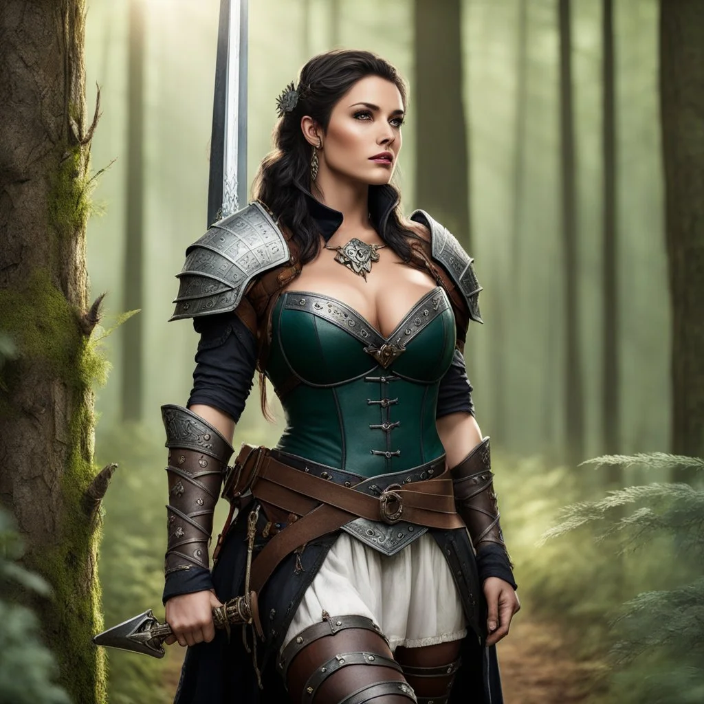 Veronica Gomez as a medieval attractive ranger with tattoos and doe eyes on the edge of the forest, she wears a large padded belt, a leather armour she uses as corset, a broad sword, a dagger, and her agent provocateur light dress below