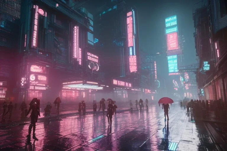 3D, beautiful, light reflecting, empty future city at night, rainy night, neon, cyberpunk, tron, cyborgs walking, 8k, finely detailed, photo realistic