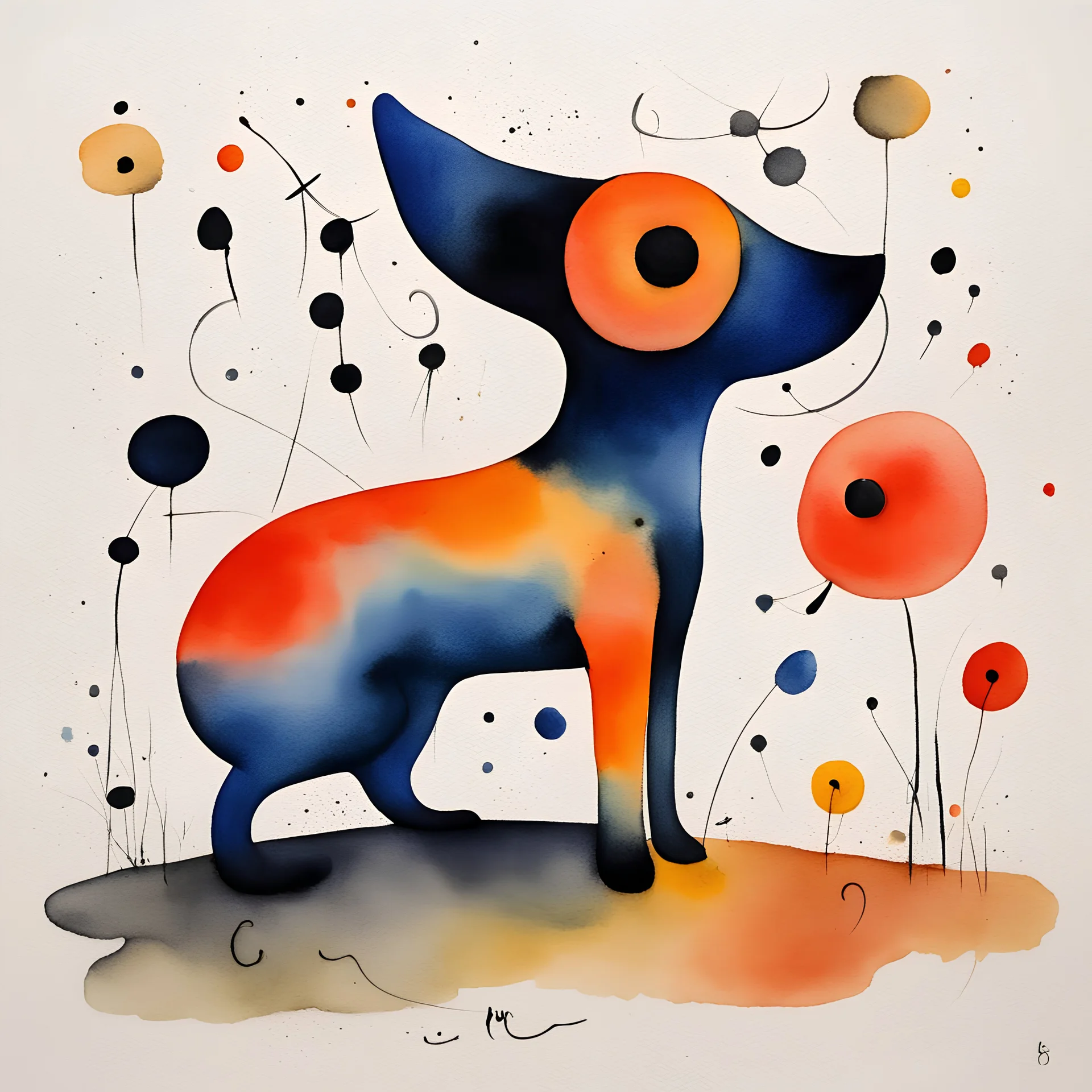 Draw me a dog watercolour in the style of **Joan Miro- Surrealism/Abstract Art:** - Miro's whimsical and poetic *Peaceful Harmony Color Palette:** - warm