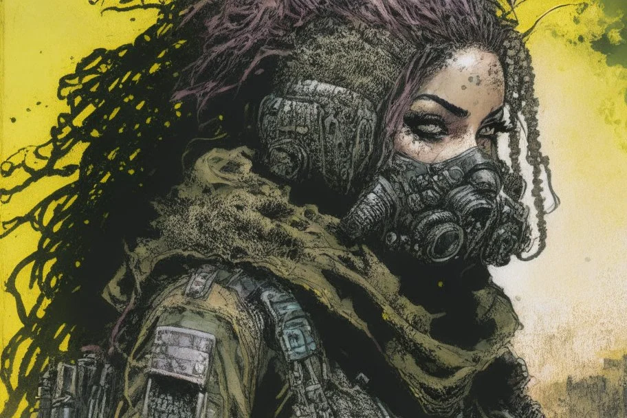 front facing full length portrait illustration of a grunge armored female with beaded dreadlock hair cyberpunk vampire mercenary with gas mask, telecommunications headset, and shemagh, highly detailed with gritty post apocalyptic textures, toxic irradiated landscape, finely detailed facial features and hair, in the graphic novel style of Bill Sienkiewicz,