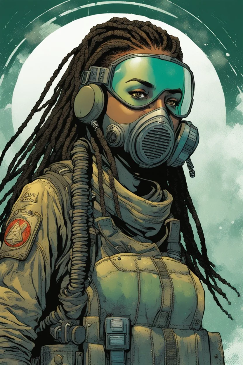 front facing full length portrait illustration of a grunge armored female with beaded dreadlock hair cyberpunk vampire interstellar mercenary with gas mask, telecommunications headset, and shemagh, highly detailed with gritty post apocalyptic textures, caught in a cosmic maelstrom , finely detailed facial features and hair, in the graphic novel style of Bill Sienkiewicz, and Jean Giraud Moebius, ink wash and watercolor with realistic light and shadow