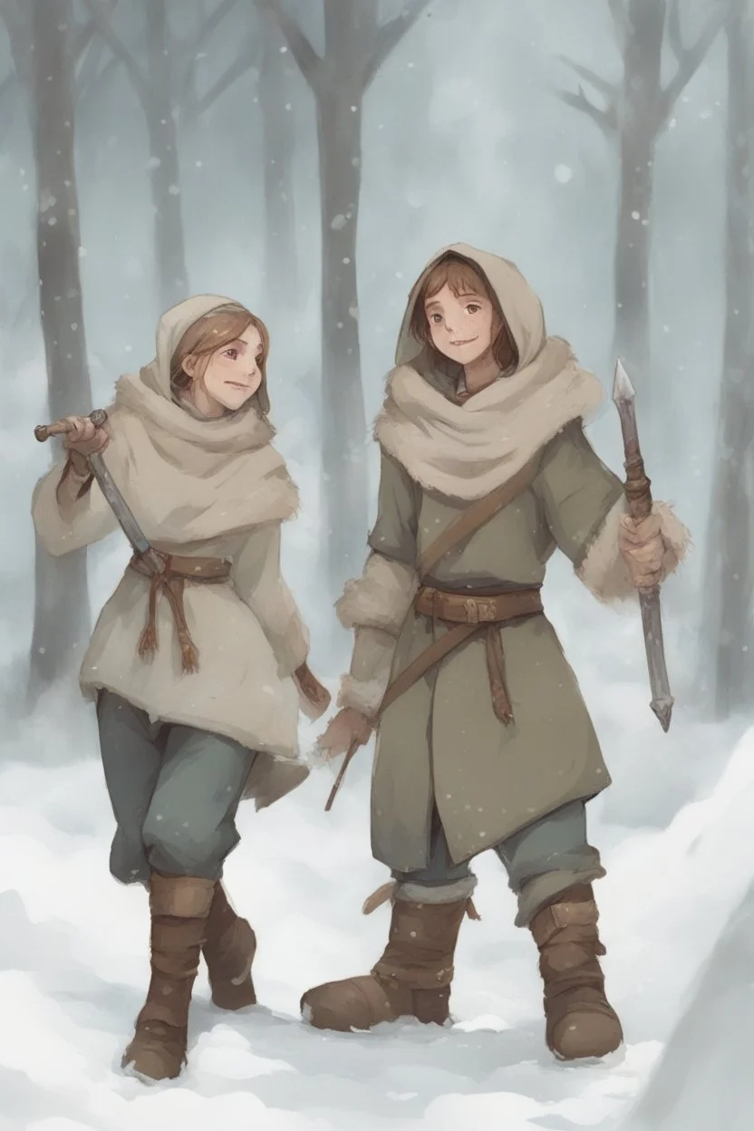 DnD style, two medieval peasant kids playing in the snow, female age 14 and male age 15, happy and playful, he has a short sword.