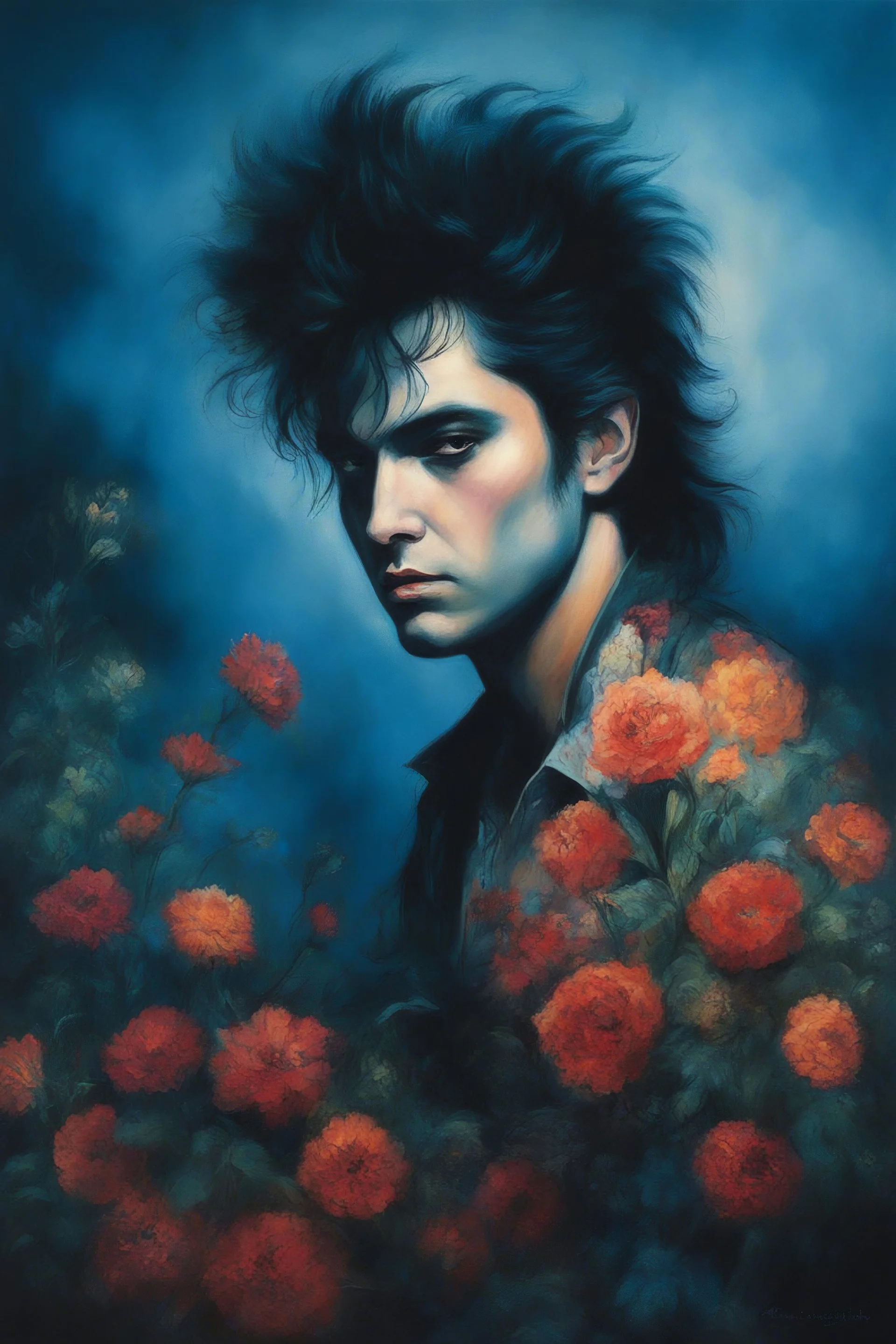 Chiaroscuro lighting, deep shadows, rich deep colors, facial portraits, 1980, 42-year-old Elvis Presley, ((1980's big hair, long, teased up Spikey Motley Crue style hair)), black hair, facial portraits, foggy, cloudy blue wall with assorted designs and multiple floral arrangements in the background, 4k, 8k, 16k, 32k, 100k UHD, Ultra-Hyper Resolution, dark, sultry eyeshadow, eyeliner, mascara, rouge, lipstick,