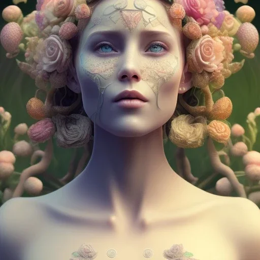 3d smilling woman,skin,full body shown, 32K, intricately detailed, plants, flowers, colorful, rtx, unreal engine 5, art nouveau, clouds, smoke, square type face