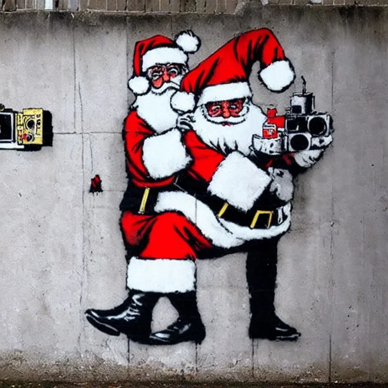 santa, banksy wall, camera