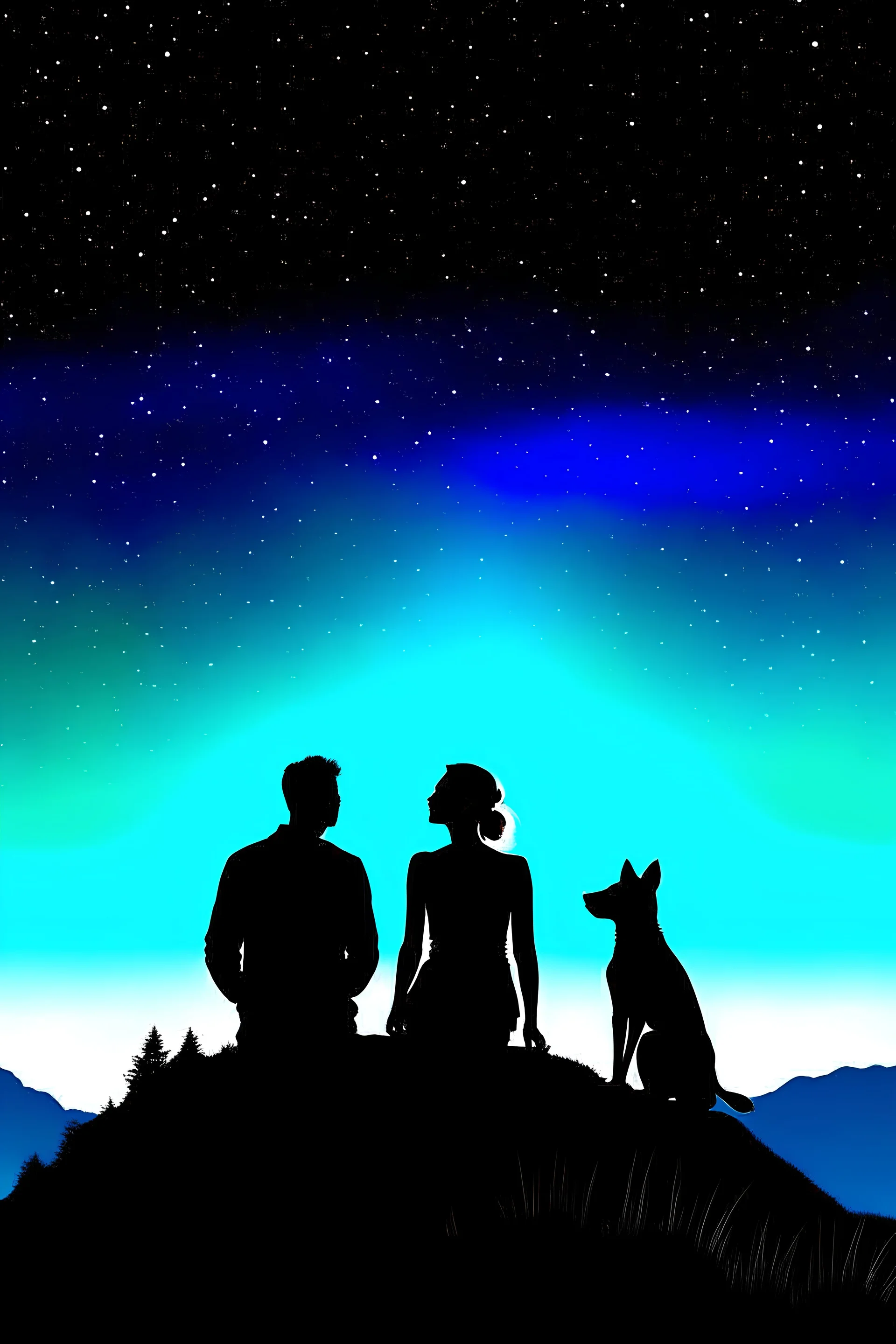 black background on a mountaintop and three silhouettes of a fit man, a silhouette of a fit woman, and silhouette of a Belgian malinois sitting next to the men and the woman looking at the stars