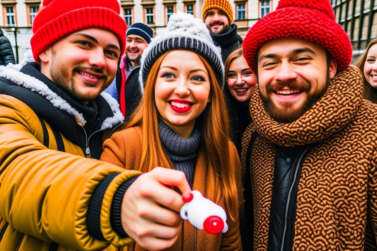 people getting a selfie with the christmas "gingerbread man"