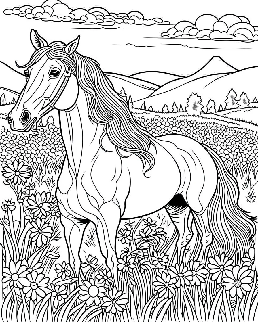 A horse with a flowing mane visiting a meadow. coloring page