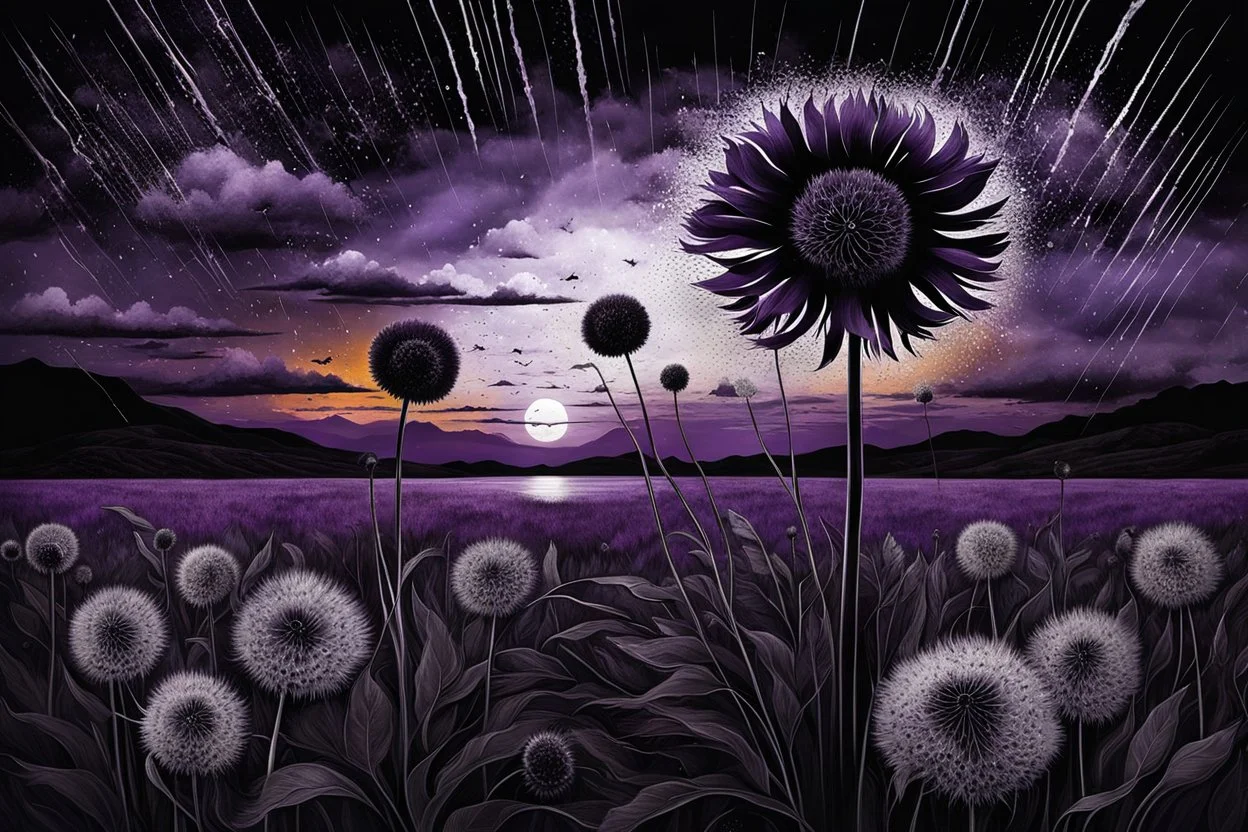 dark purple Sunset with big black Dandelions, , high textures, surreal style by dali, klee, bosch, weird, white-black colors, silver rain, sharp focus, splash art, intricately detailed, mystic, dark stunning mood