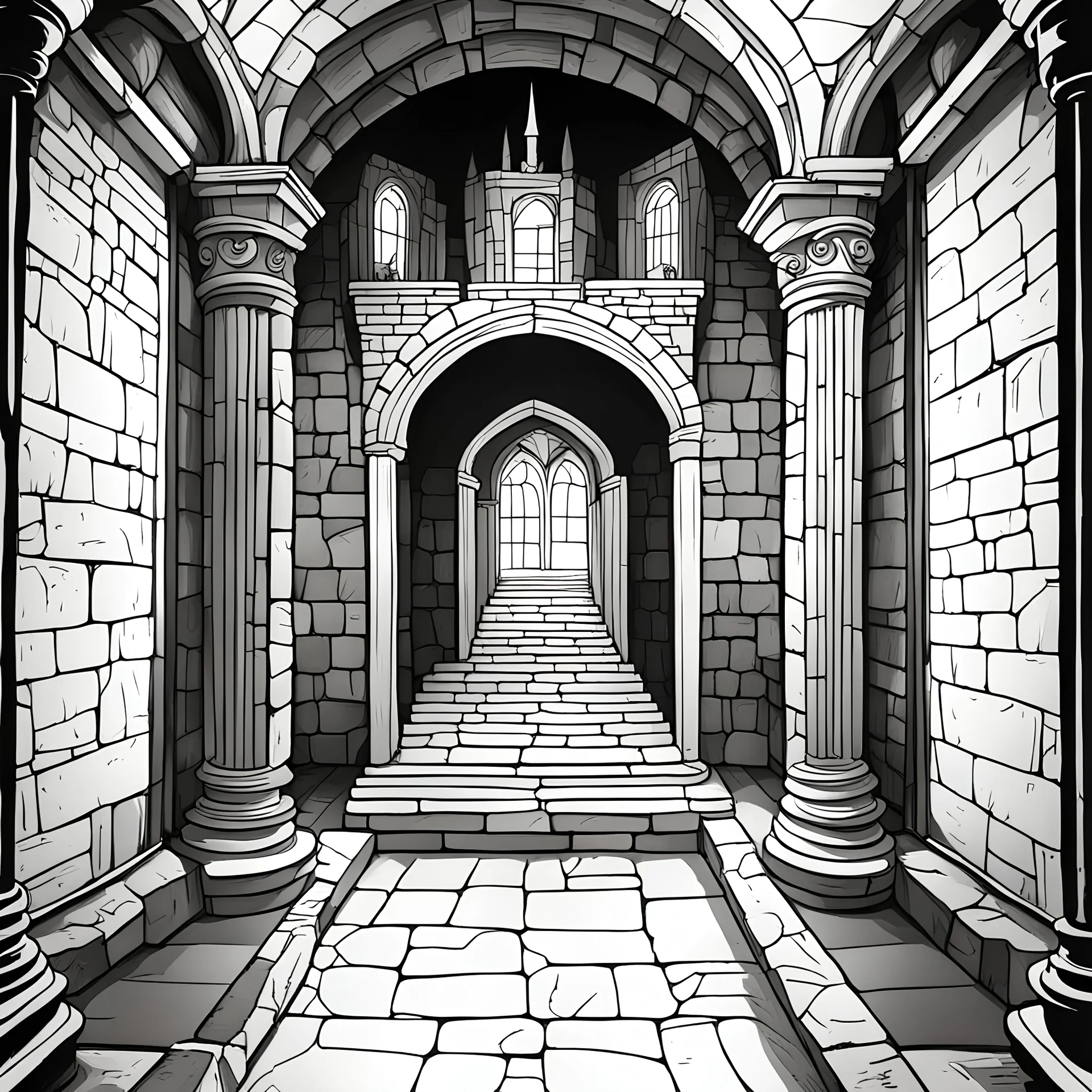 create a coloring book page of a looked room in a stony castle, black and white, high contrast