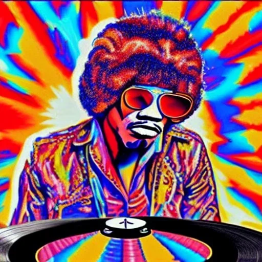 a realistic picture of Jimi Hendrix at a turntable with headphones on being a DJ, vivid color, with sunglasses, psychedelic trippy art