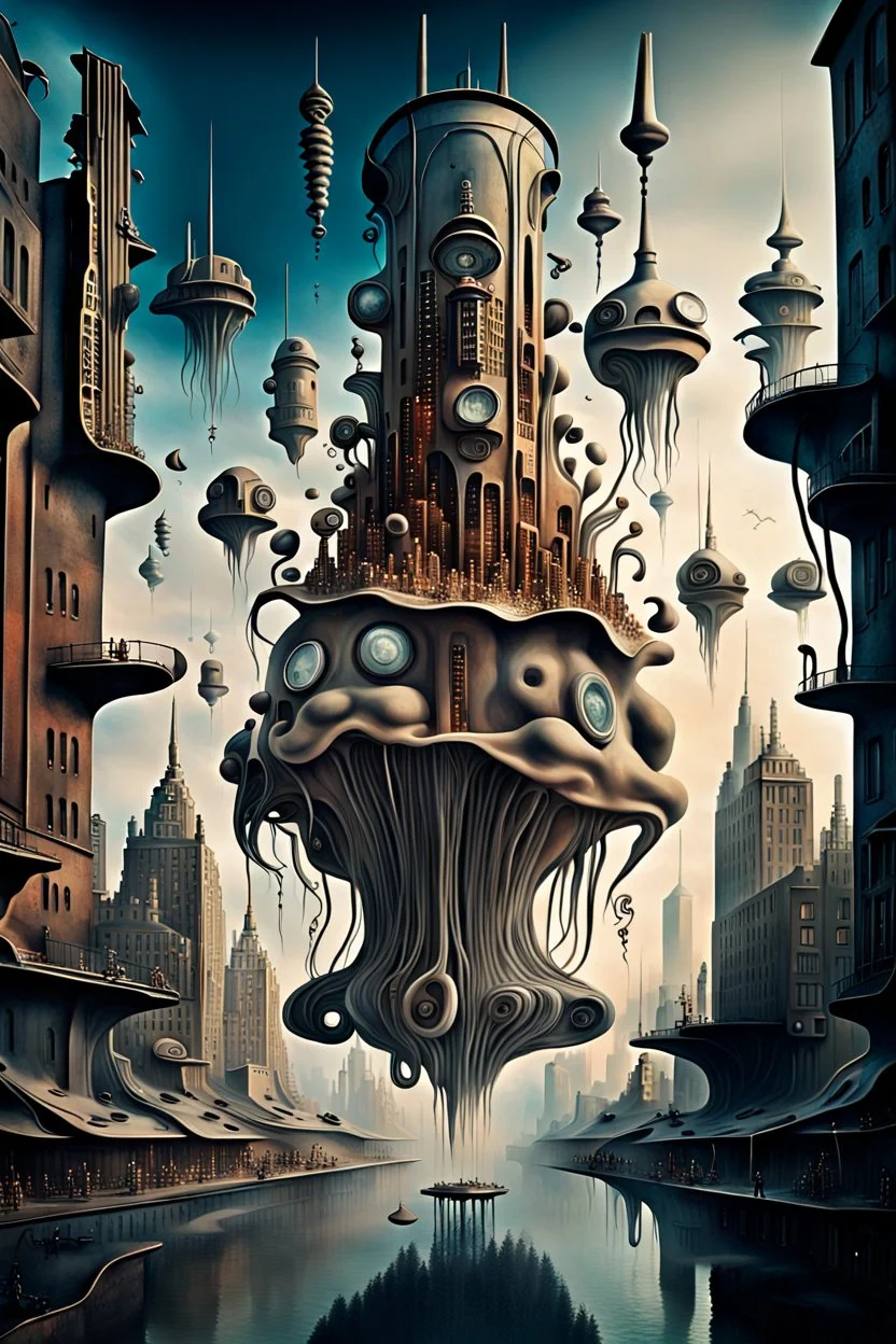 a stunningly weird image of a futuristic metropolis using Salvador Dali's paranoiac-critical method, where buildings and structures appear to melt into the skyline cityscape is filled with floating medusas and mad, twisted metal shapes that interact with the buildings and each other, forming a surreal tableau of a dreamlike reality. neu-steampunk vibe, essence of the scene in a cinematic manner, with dramatic shadows that enhance the distorted perspectives and bizarre mood