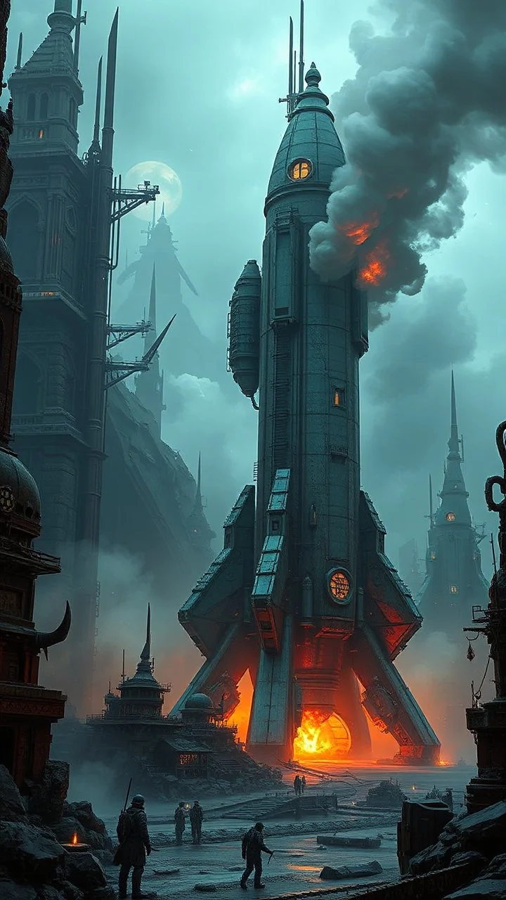 warhammer 40000 dystopian metropolis hellscape . A giant rocket ready to lunch with smoke coming from the back