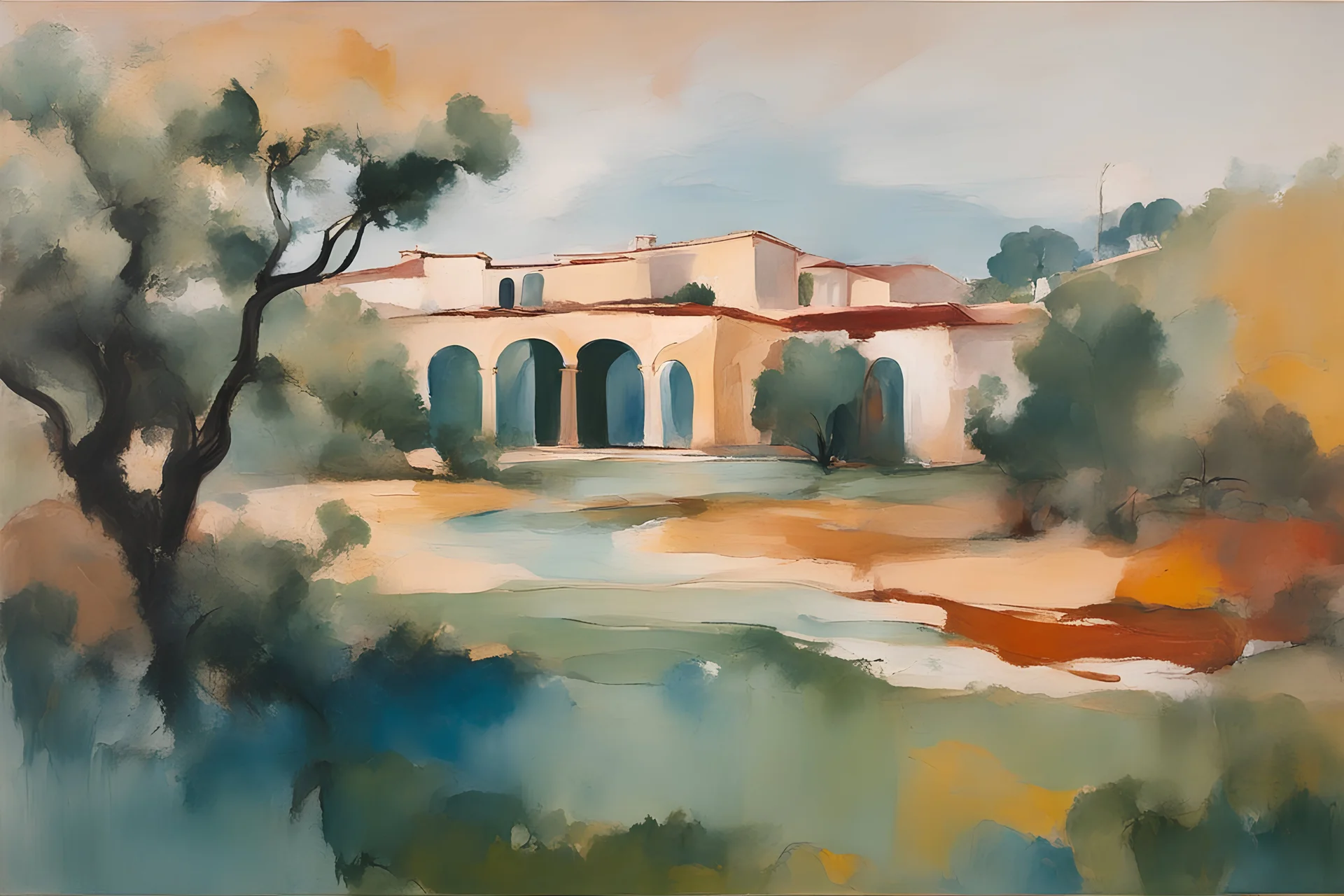 an abstract, dramatic, painting of an idyllic 16th century Spanish villa set amidst an ancient olive grove landscape, in the imagery-stain painting style of Helen Frankenthaler, muted natural colors, museum quality masterpiece