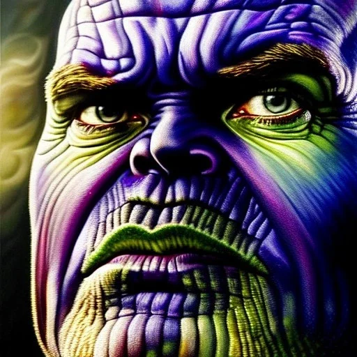 ultra detailed fullbody Portrait in oil on canvas of angry THANOS ,intense stare,extremely detailed digital painting, extremely detailed face, crystal clear eyes, mystical colors ,perfectly centered image, perfect composition,rim light, beautiful lighting, 8k, stunning scene,extremely sharp detail, finely tuned detail, ultra high definition raytracing, in the style of Simon Bisley and robert e howard and Hyun Suk Lee and and Ohrai Noriyoshi