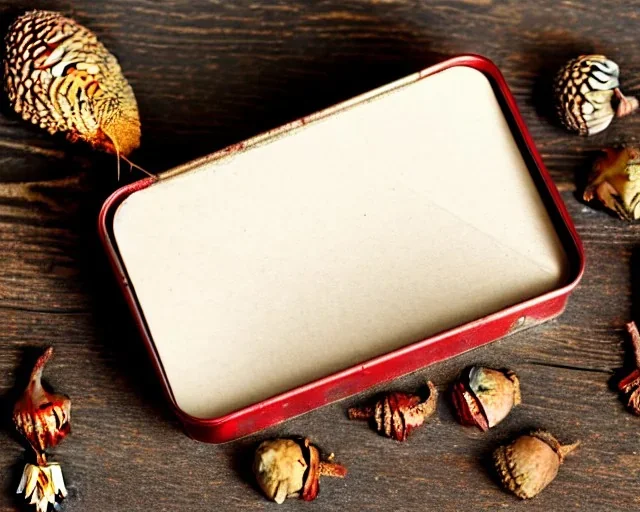 acorn in tin box with note wrapped around