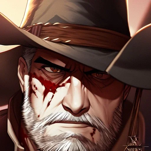 Clear focus, High resolution, max detail, Portrait, bearded, Gunslinger, Cowboy, cowboy hat, serious face, Blood Splatter