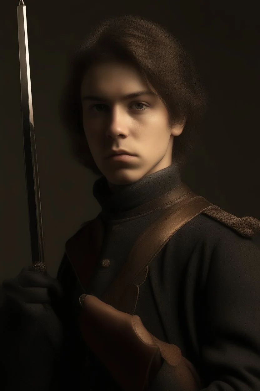 european brown hair young adult royal guard swordsman with rapier dieselpunk