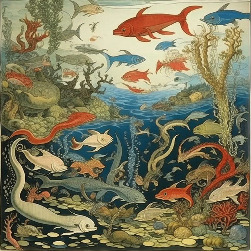 Underwater filled with marine animals painted by Utagawa Hirshige