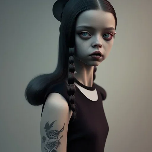 jenna ortega, wednesday addams hair style, wednesday make up, wednesday trend addams black dress, cinematic, addams family wednesday style, hyper detail, octane render, unreal engine 5, 8k resolation