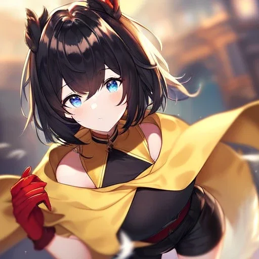 Clear focus,High resolution, Black short fluffy hair, and blue eyes, wearing a black shorts, sleeveless crop top, wearing long dark red gloves, yellow cloak