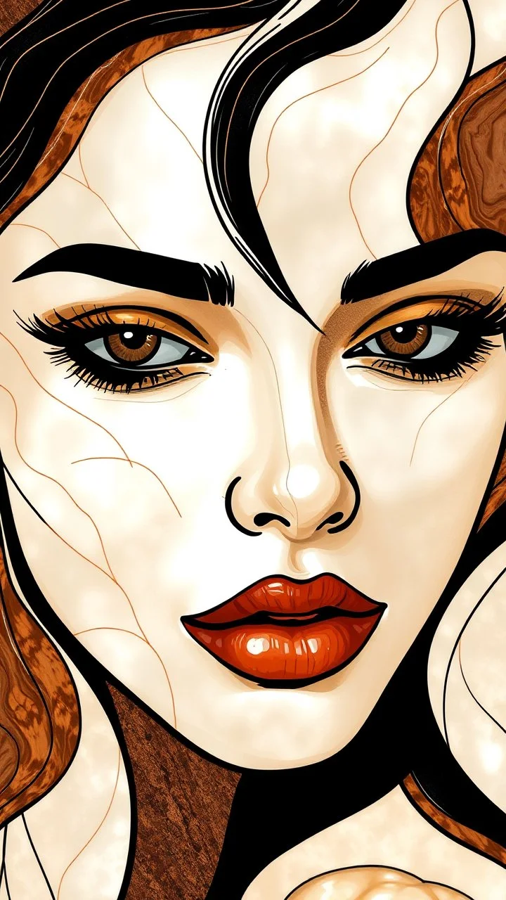 A beautiful women face abstract pattern using a palette of mother of pearl, rosewood, burnt amber fine line draw style