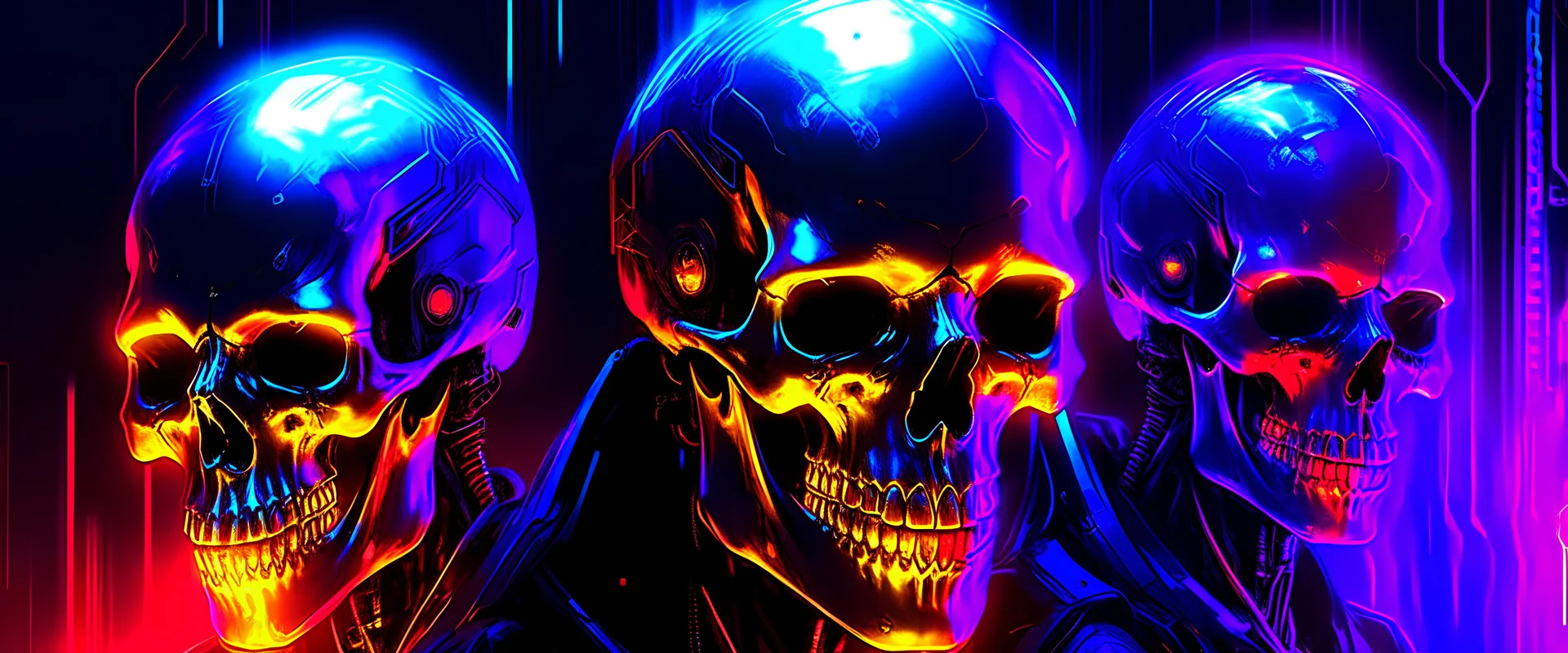 cybernetic humanoid skulls placed to act as Cerebus, the guard of the portal to hell, pristine primary colors isolated background futuristic design, futuristic, elegant atmosphere, glowing lights, highly detailed, digital painting, concept art, smooth sharp focus, illustration, art by wlop,