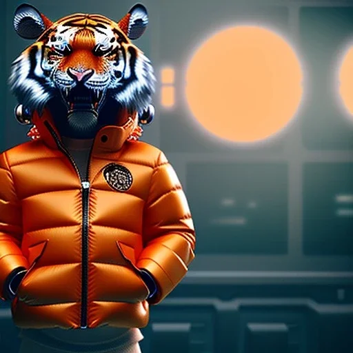 Tiger toddler, smile, cyberpunk headphone, sunglass, gangsta neckless, full body, orange puffer jacket, tokio background, dramatic lighting, hyper realistic, unreal engine 5, 16k