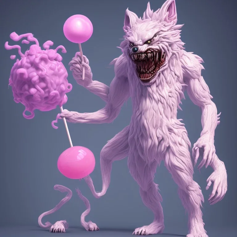 cotton candy werewolf made of candies and lollipops, sharp teeth, monstrous face,