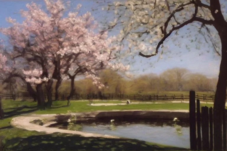 amazing sunny spring day, trees, flowers, fence, little pond, philip wilson steer impressionism painting