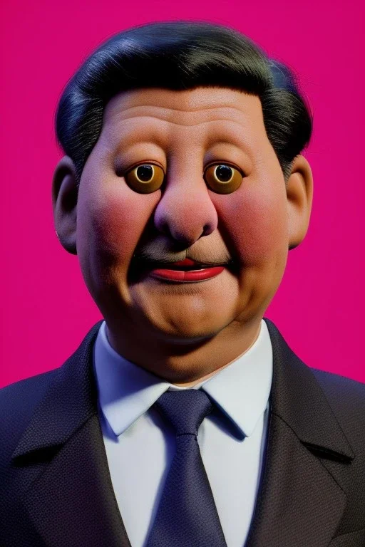 Waist up muppet Portrait, Xi Jinping as muppet doll, black suit and red tie, photo studio, blue background, unreal engine 5, concept art, art station, god lights, ray tracing, RTX, lumen lighting, ultra detail, volumetric lighting, 3d.