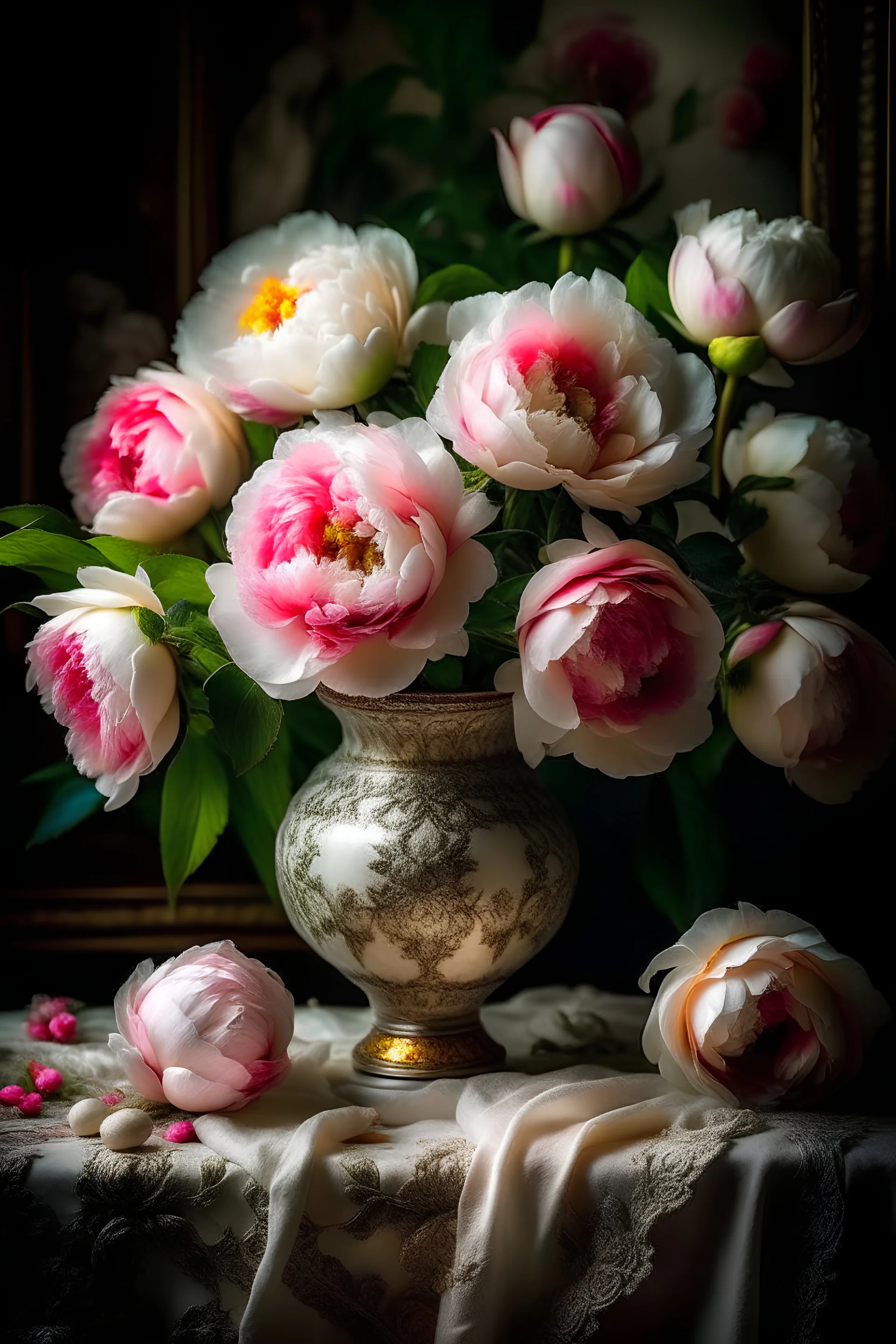 a magnificent, huge bouquet of white and bright pink peony-shaped roses on the table, a beautiful tablecloth, candles, a white vase, hyperphotorealism, mega-volume watercolor,impressionism,ultra-detail,filigree, cinematic, symmetry,many details,dark botanical, beautiful illumination from the inside, soft play of shadows and light, lumen,octane, aesthetically pleasing,beautiful, dim lighting,5d,64k,600dpi,30mm lens,1/250s, f/2.8,ISO5000