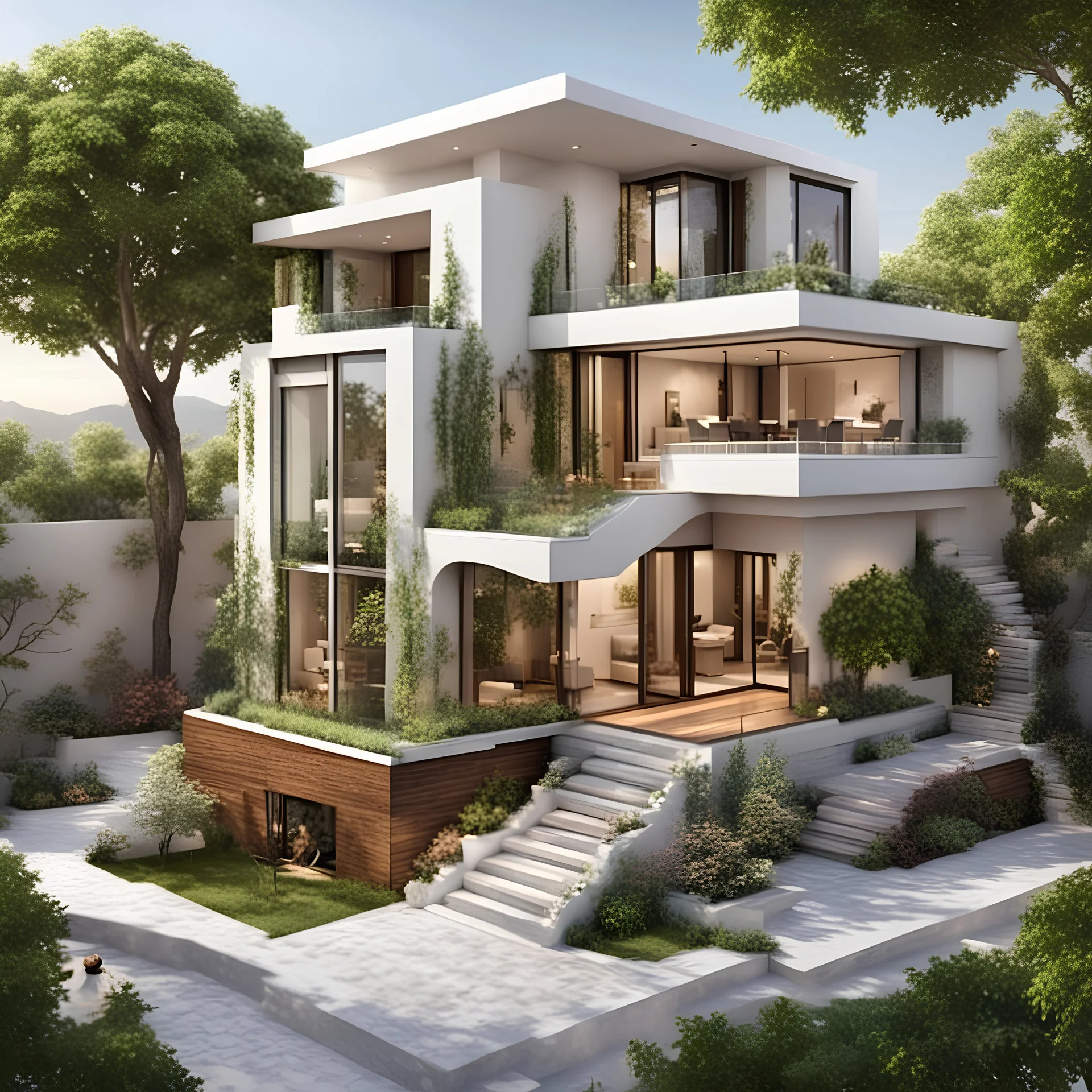 Realistic two-storey Turkish house with glass balcony, 4 rooms, a small garden in front, fig, apple and walnut trees in the garden, a small artificial waterfall,