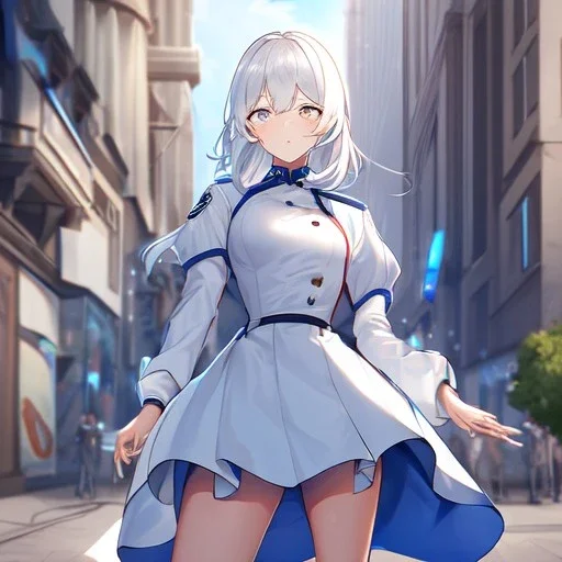 Clear focus, High resolution, medium length hair, white cyan hair, cyan eyes, wearing a american uniform, Sighing, wearing a medium skirt,