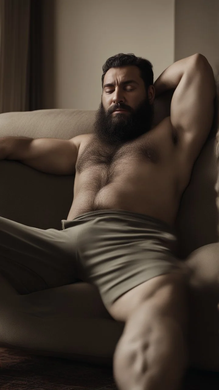 photorealistic, photography, full figure shot, an hairy men sleeping over an old sofa, hands behind the neck, Realistic photography, well defined facial features, strong muscular chubby sweat dirty arab, ugly , 38 years old , open legs, manly chest, big shoulders, manly torso, long beard, dirty ripped tracksuit , very dark living room, dim light, ambient occlusion, view angle from below, frontal view from the ground