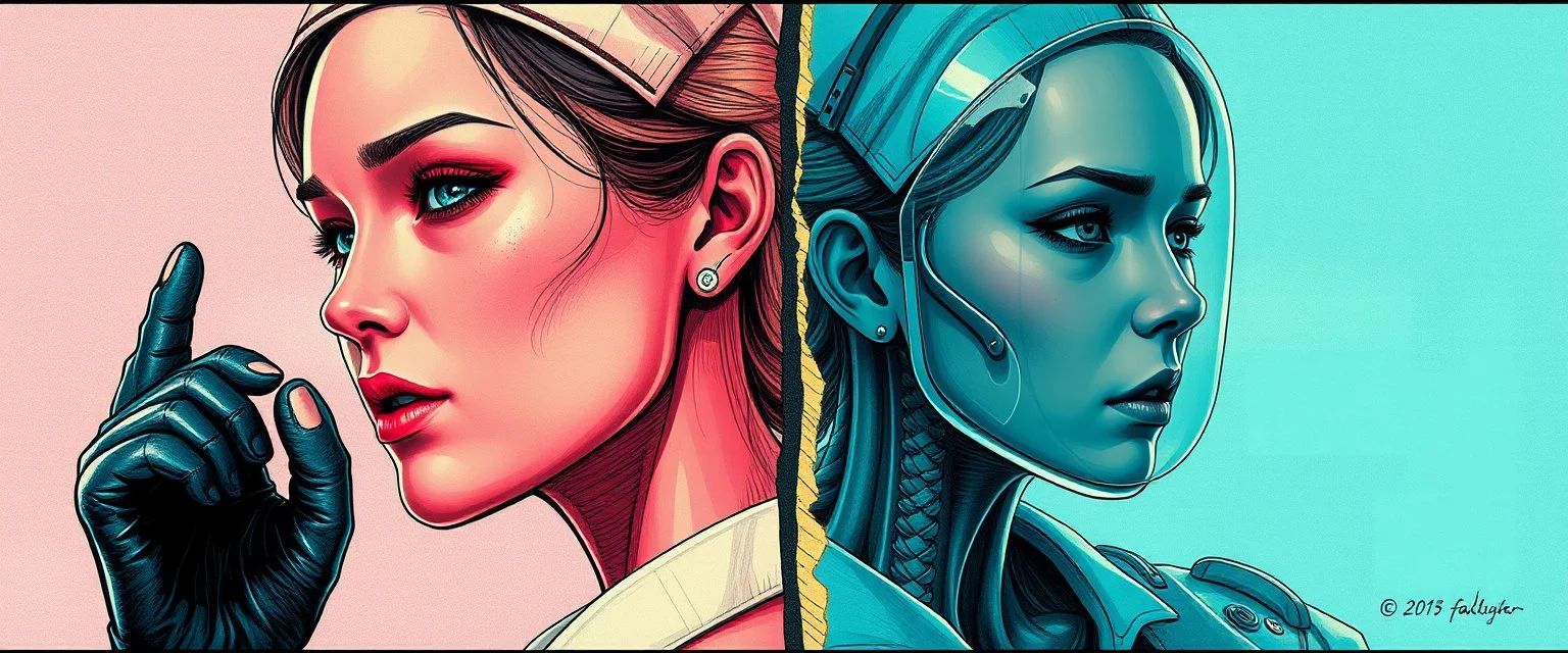 cyberpunk fallout 4, airbrush and pen outline, A cinematic, high-end advertisement image for a fictional service called “Splice Girls Nurses, Rebuilding Bone Structure on Transparent People™”. Split-screen composition with two contrasting emotional states.