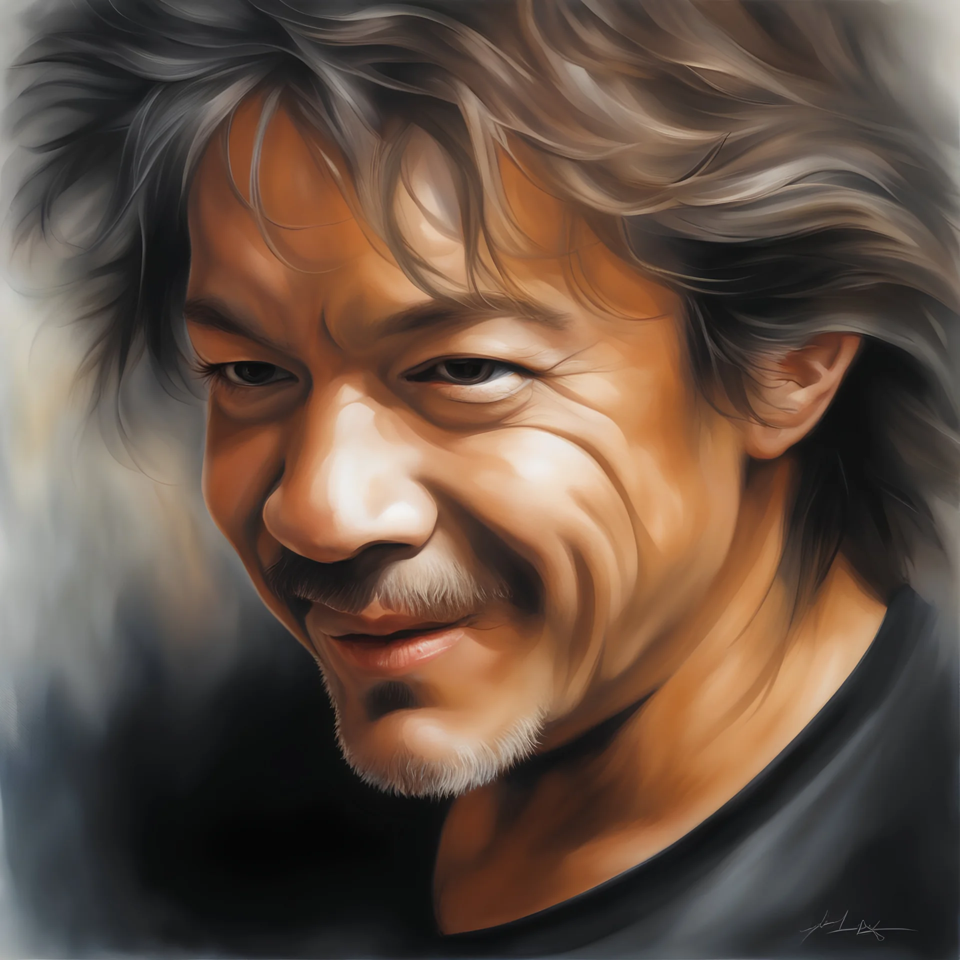 Eddie Van Halen Facial Portrait, dark, multicolored watercolor stained wall in the background, oil painting in the art style of Boris Vallejo, 32k UHD, Hyper realistic, photorealistic, realistic, sharp, highly detailed, professional quality, beautiful, awesome, majestic, superb, trending on artstation