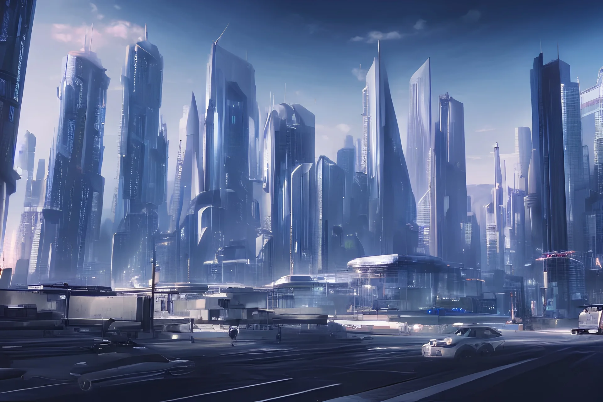 a futuristic cityscape with skyscrapers and cars, a detailed matte painting by Makoto Shinkai, trending on cgsociety, panfuturism, matte painting, cityscape, rendered in unreal engine