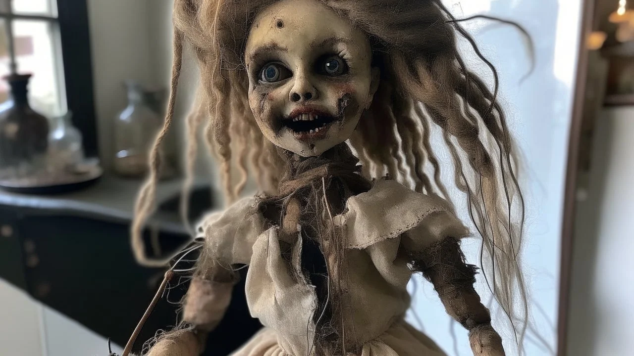 creepy evil ritual doll made of hair from the floor of a barbershop