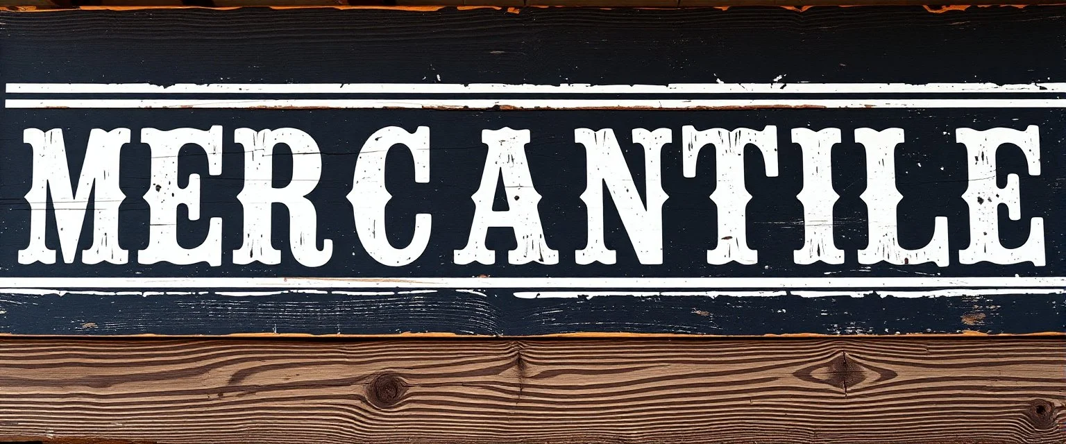 fill composition with large and wide hand painted old western sign that reads: "MERCANTILE" white on black with inset white stripe aged paint on wood sanserif