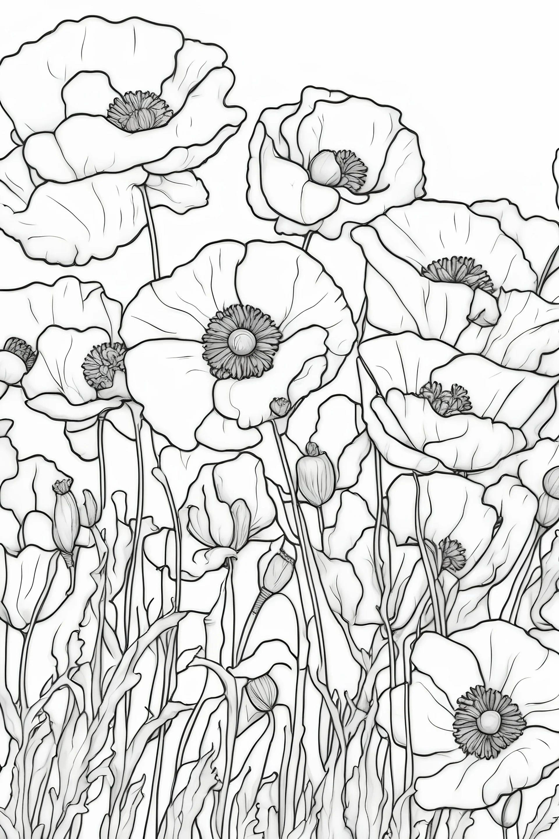 flowers coloring page for kids, poppy, cartoon style, thick outline, low details, no shading, no color