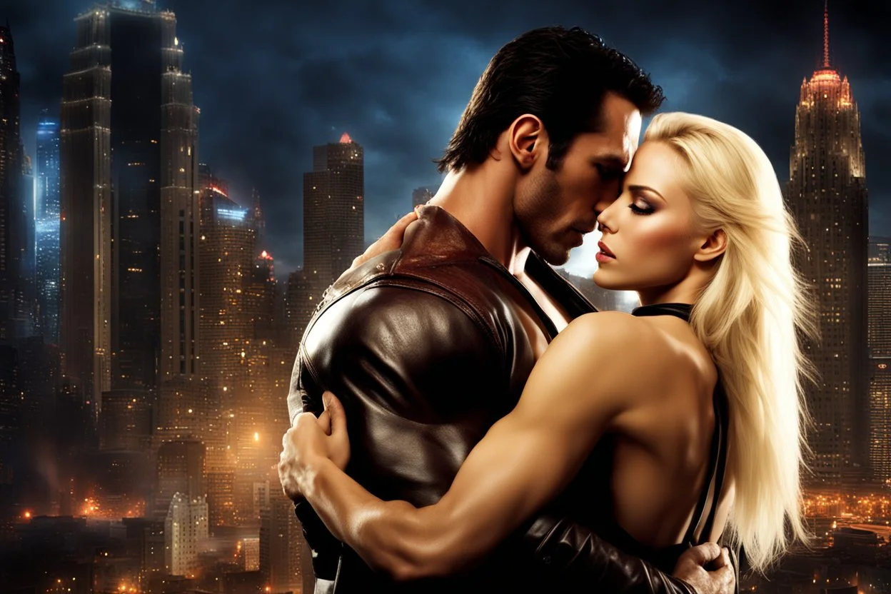 Jason David Frank as very muscular dark haired man hugging pretty blond haired woman, photo realistic, dark fantasy, cityscape