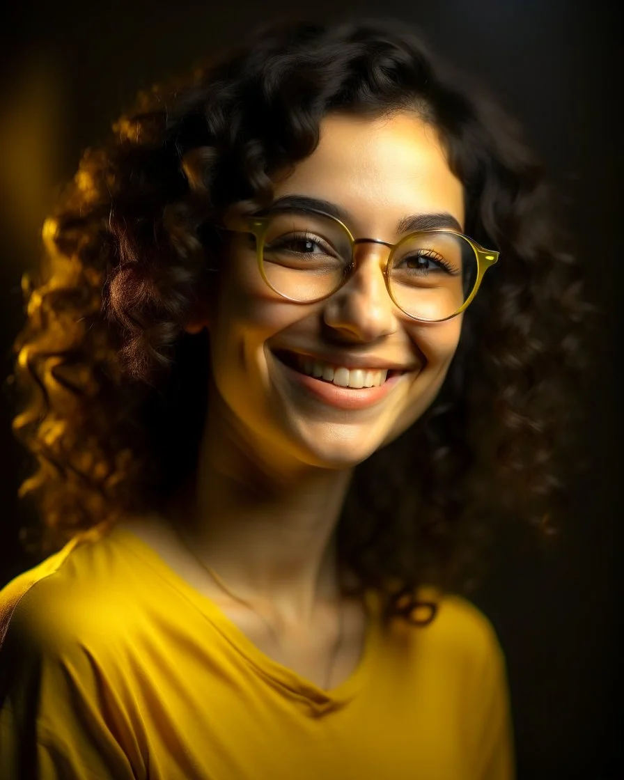 Jeune femme au sourire éclatant, longue et élancée, cheveux noirs bouclés et volumineux, porte de grandes lunettes rondes à la monture transparente. Elle porte un t-shirt de couleur jaune moutarde avec une chemise florale transparente. Rembrandt style lighting, 8k, portrait, HD.