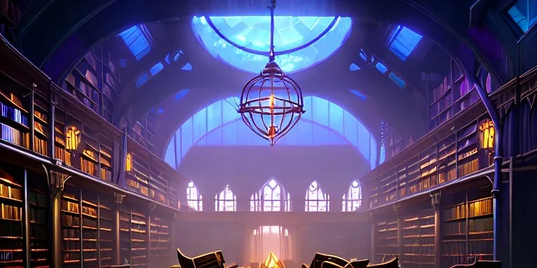 Neverending Massive magical ancient library, fantasy, with bird cages hanging from ceiling, misty