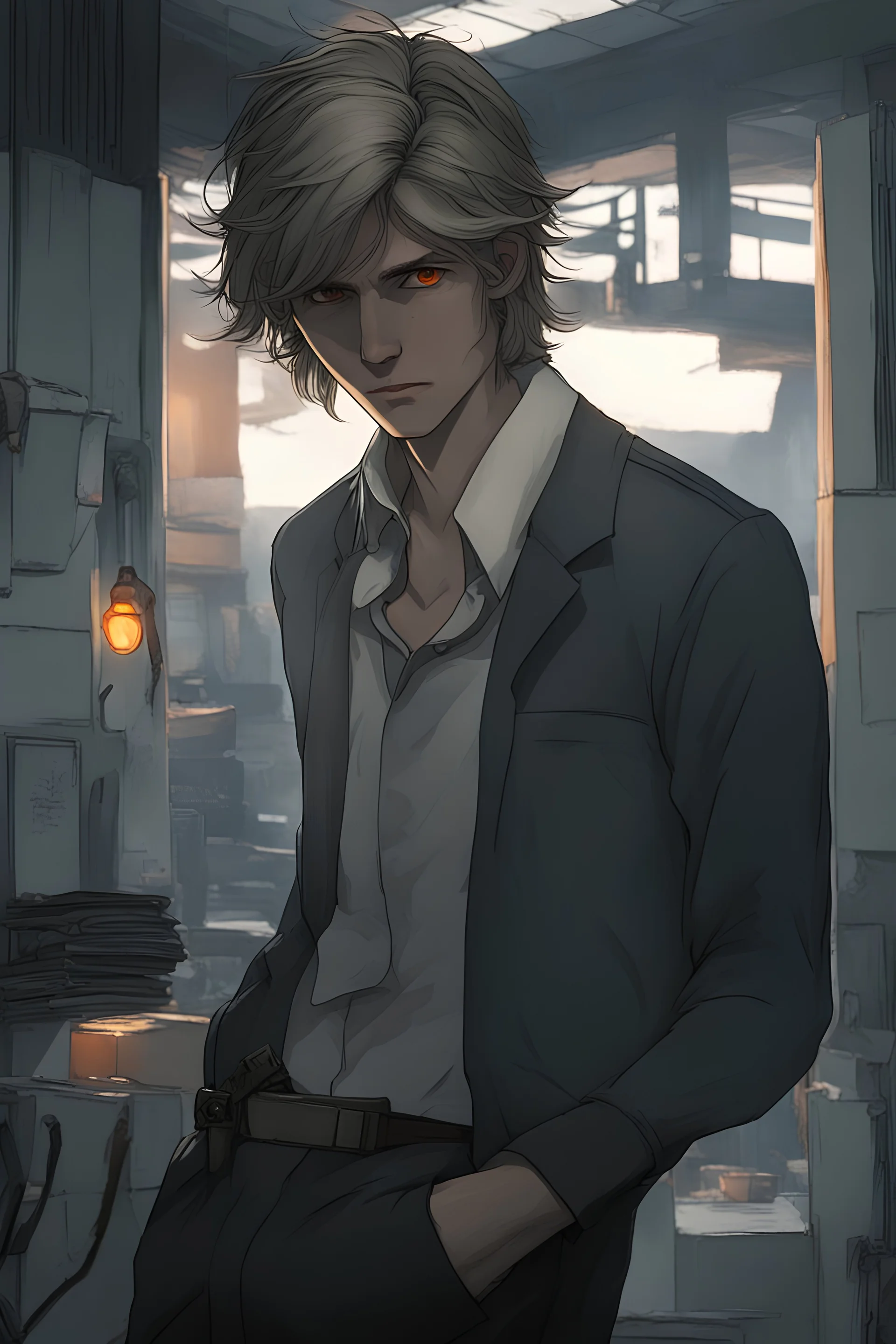 male orange-eyed blonde man with slightly long hair that looks like a human but is not a human