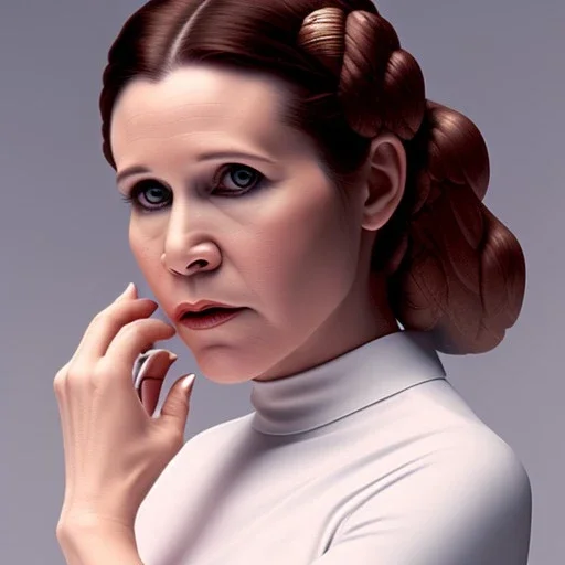 zoomed out stunning photo realistic portrait of carrie fisher as Princess Leia in star wars with photo realistic fine and simple hairstyle, brown eyes, macro lens blur, eos5d mark 4, ef 85mm 5.6, professional majestic photo realistic painting by Ed Blinkey, Atey Ghailan, by Jeremy Mann, Greg Manchess, Antonio Moro, trending on ArtStation, Intricate, High Detail, Sharp focus, dramatic, by greg rutkowski, realism, beautiful and detailed lighting,