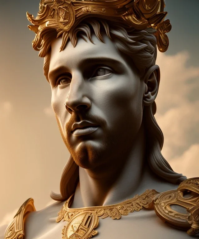 Realistic image, classic sculpture, marble material, Lionel Messi with Laurel wreath model, miguel angel style, God light, god rays, 4k resolution, perfect details, ornate details, soft lighting, unreal engine 5, soft cyan background.