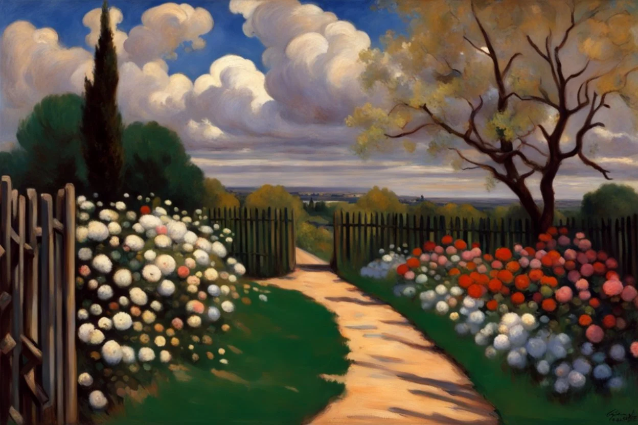 Clouds, spring trees, little pathway, fence, flowers, frederic bazille impressionisn painting