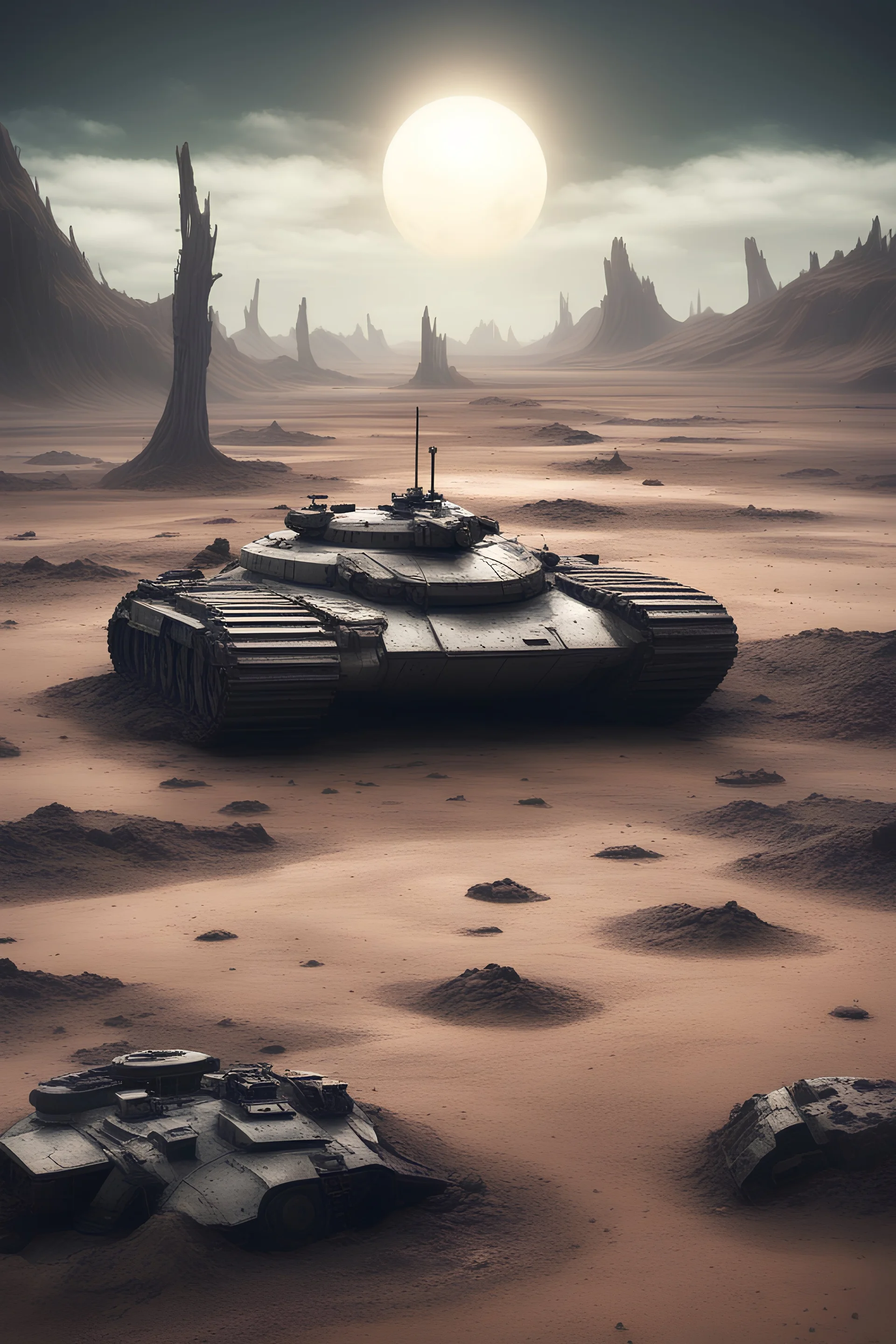 abandoned futuristic tank stuck in mud on an alien planet with a blackhole sun