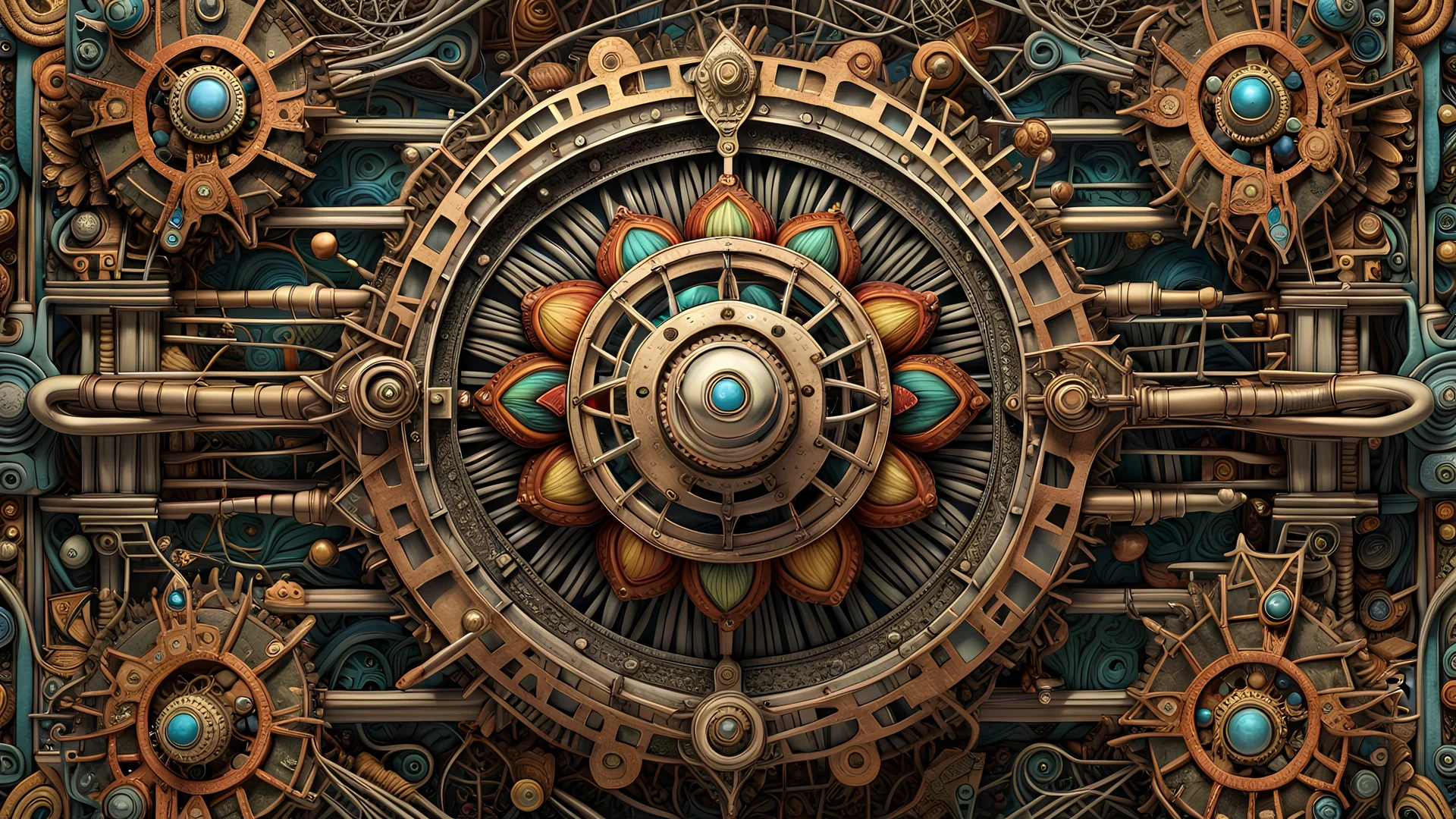 Expressively detailed and intricate 3d rendering of a hyperrealistic “steampunk lotus”: front view, symetric, dripping colorful paint, tribalism, ethnic ornaments, shamanism, cosmic fractals, dystopian, dendritic, stylized fantasy art by Kris Kuksi, mati klarwein, artstation: award-winning: professional portrait: atmospheric: commanding: fantastical: clarity: 16k: ultra quality: striking: brilliance: stunning colors: amazing depth: masterfully crafted.